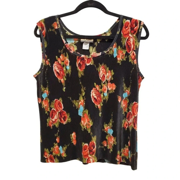 Vintage 90s Y2K CDW Black Red Floral Pleated Sleeveless Shell Blouse Top L - Picture 1 of 13